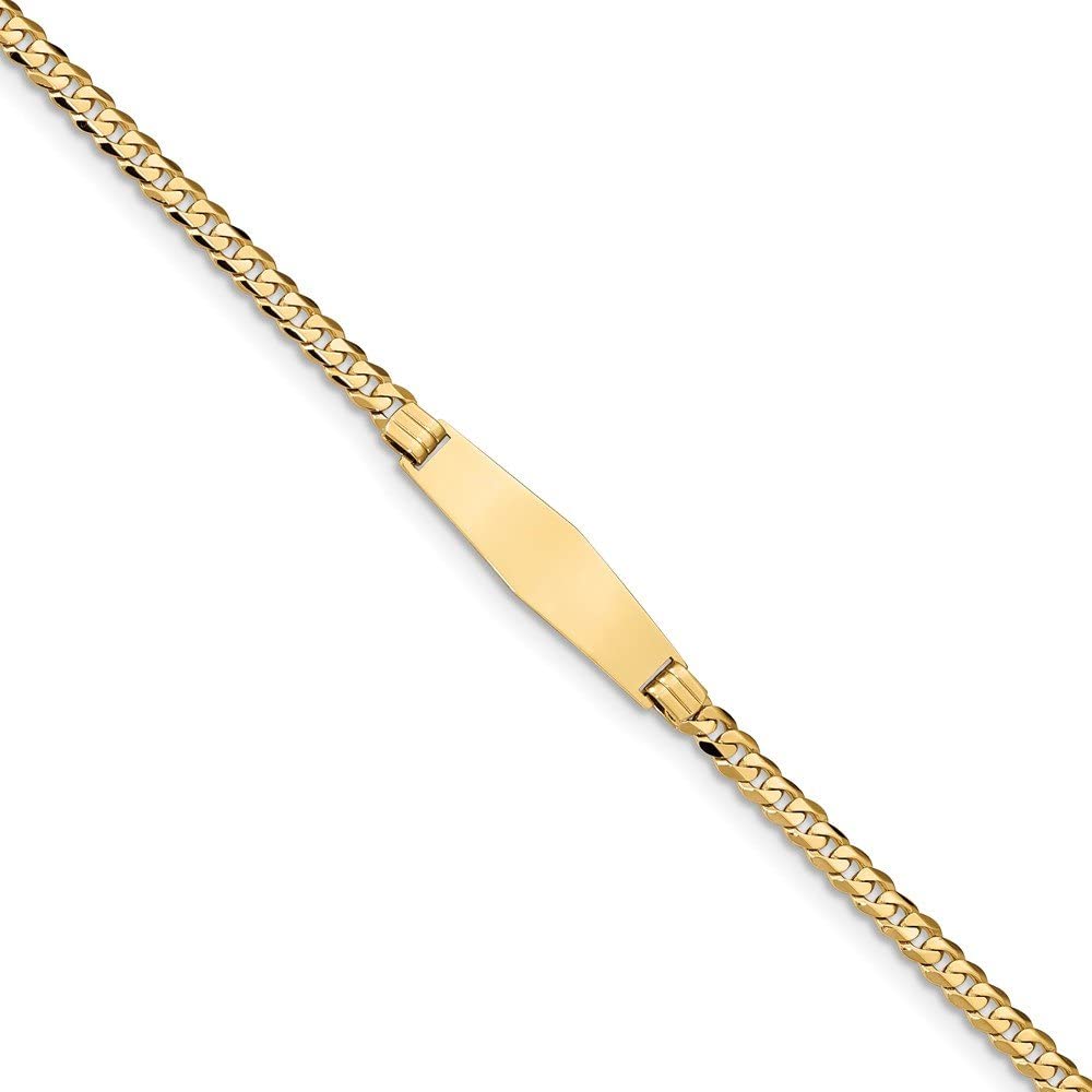 Solid 14k Yellow Gold Engravable Identification Name Bar Tag Curb Cuban Link Soft Diamond-Shape ID Bracelet - with Secure Lobster Lock Clasp 8" (Width = 7mm)