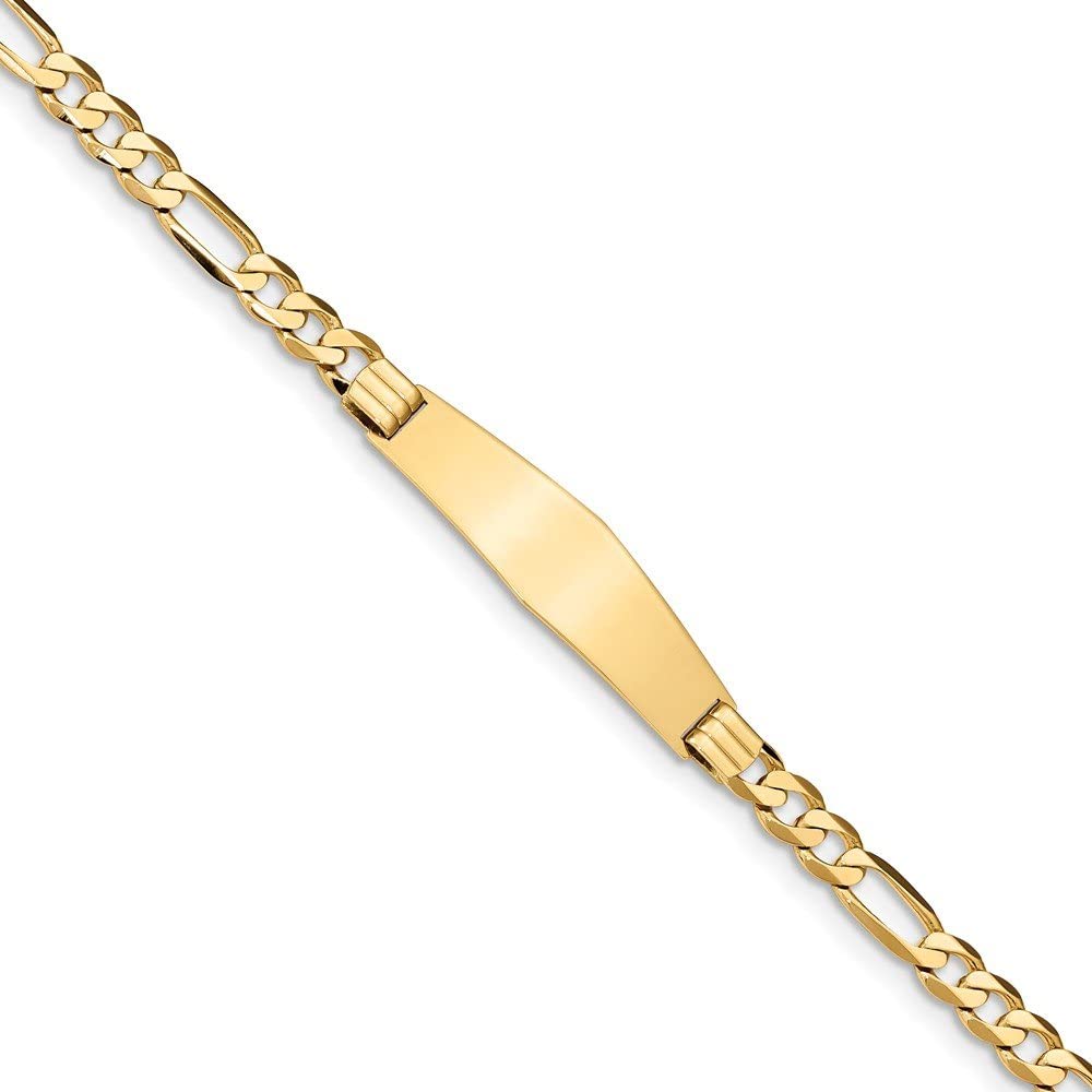 Solid 14k Yellow Gold Flat Figaro Link Soft Diamond-Shape ID Bracelet Engravable Identification Name Bar Tag - with Secure Lobster Lock Clasp 8" (Width = 9mm)