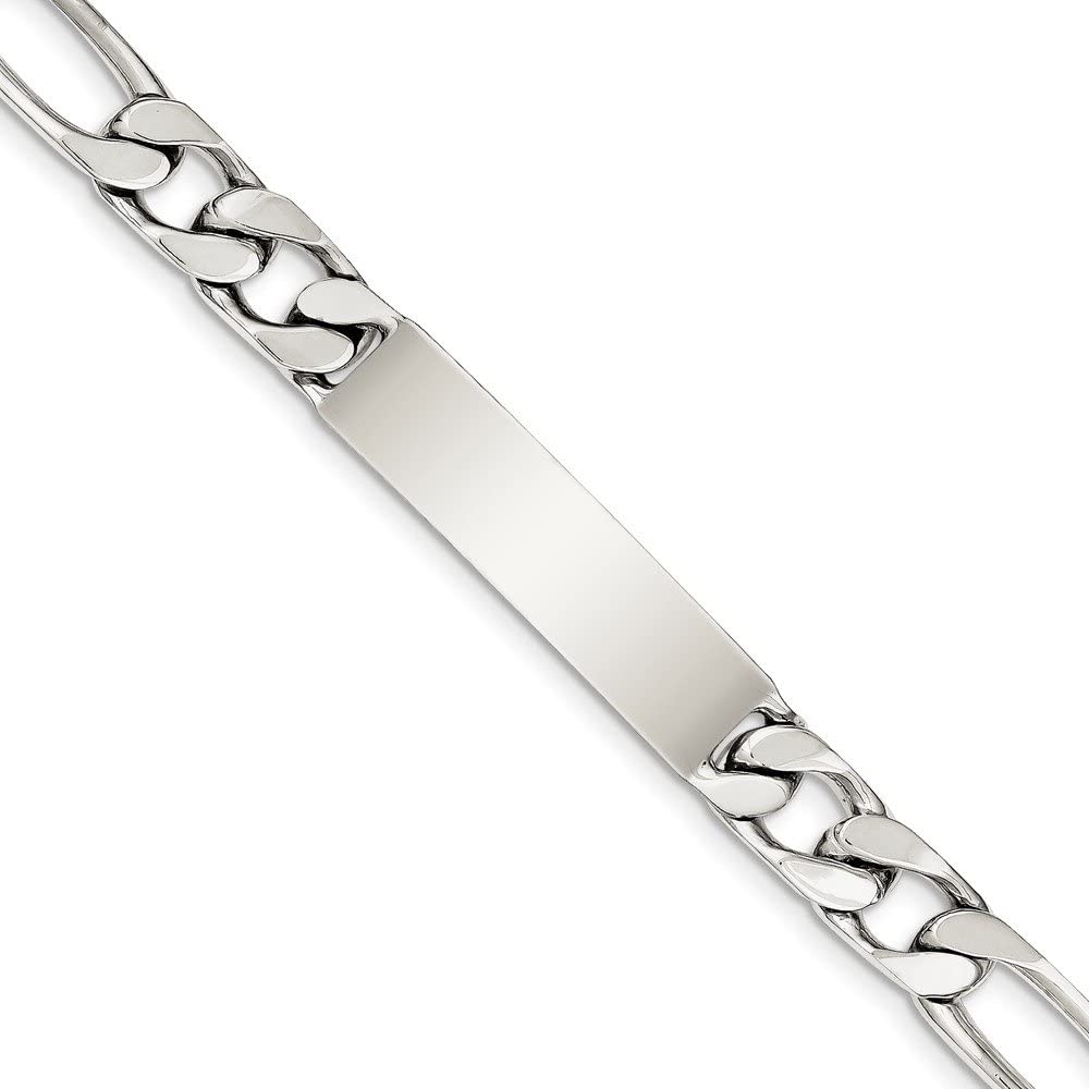Solid 925 Sterling Silver 7.5inch Polished Engraveable Figaro Link ID Bracelet - with Secure Lobster Lock Clasp (9mm)