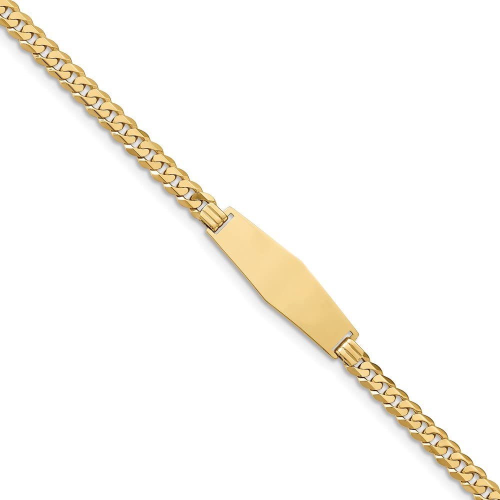 Solid 14k Yellow Gold Flat Curb Cuban Link Soft Diamond-Shape ID Bracelet Engravable Identification Name Bar Tag - with Secure Lobster Lock Clasp 7" (Width = 9mm)