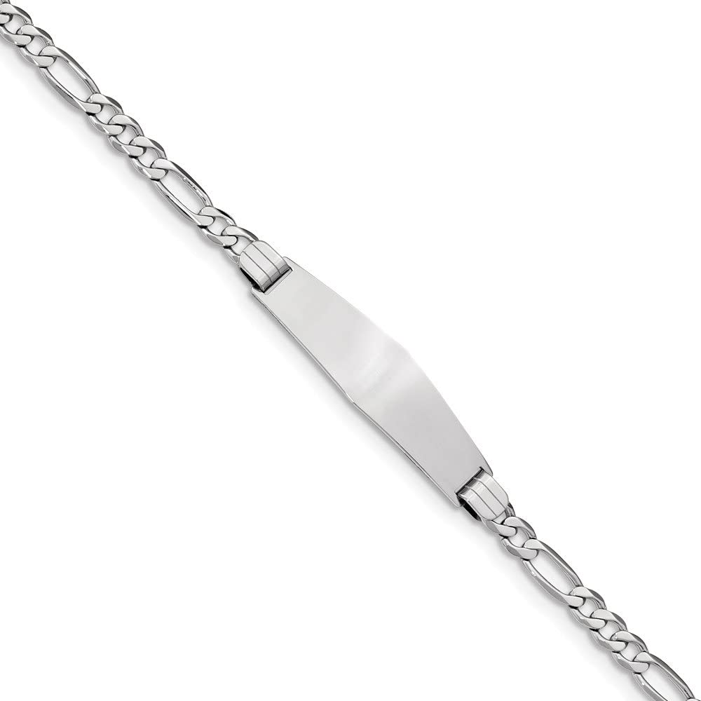 Solid 14k White Gold Figaro Link Soft Diamond-Shape ID Bracelet - with Secure Lobster Lock Clasp (9.3mm)