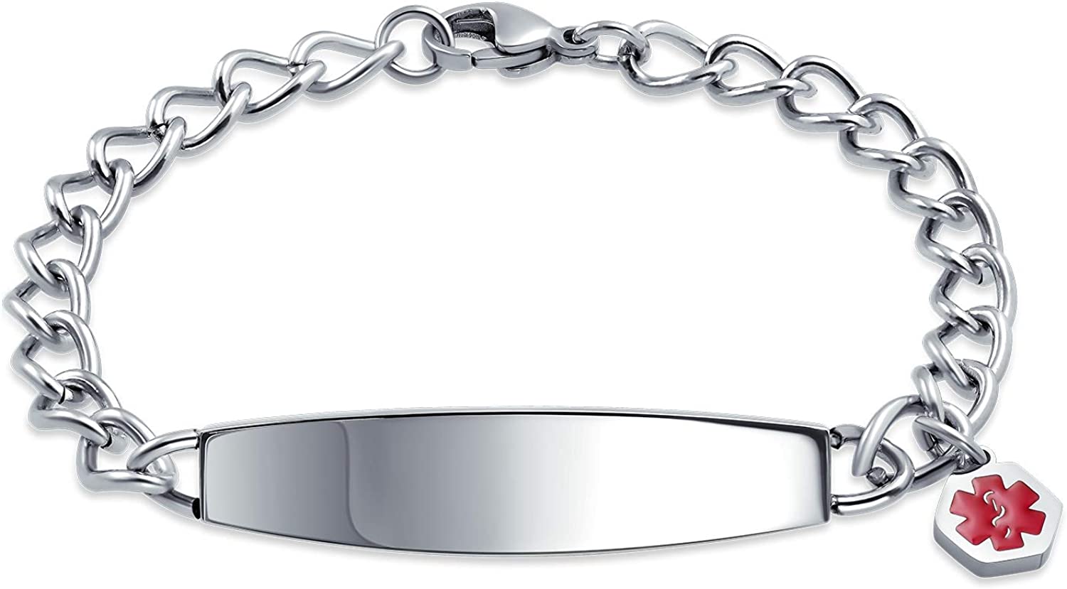 Bling Jewelry Identification Medical Alert ID Bracelet Blank Miami Cuban Link Chain for Women Silver Tone Stainless Steel 7.5, 8 Inch