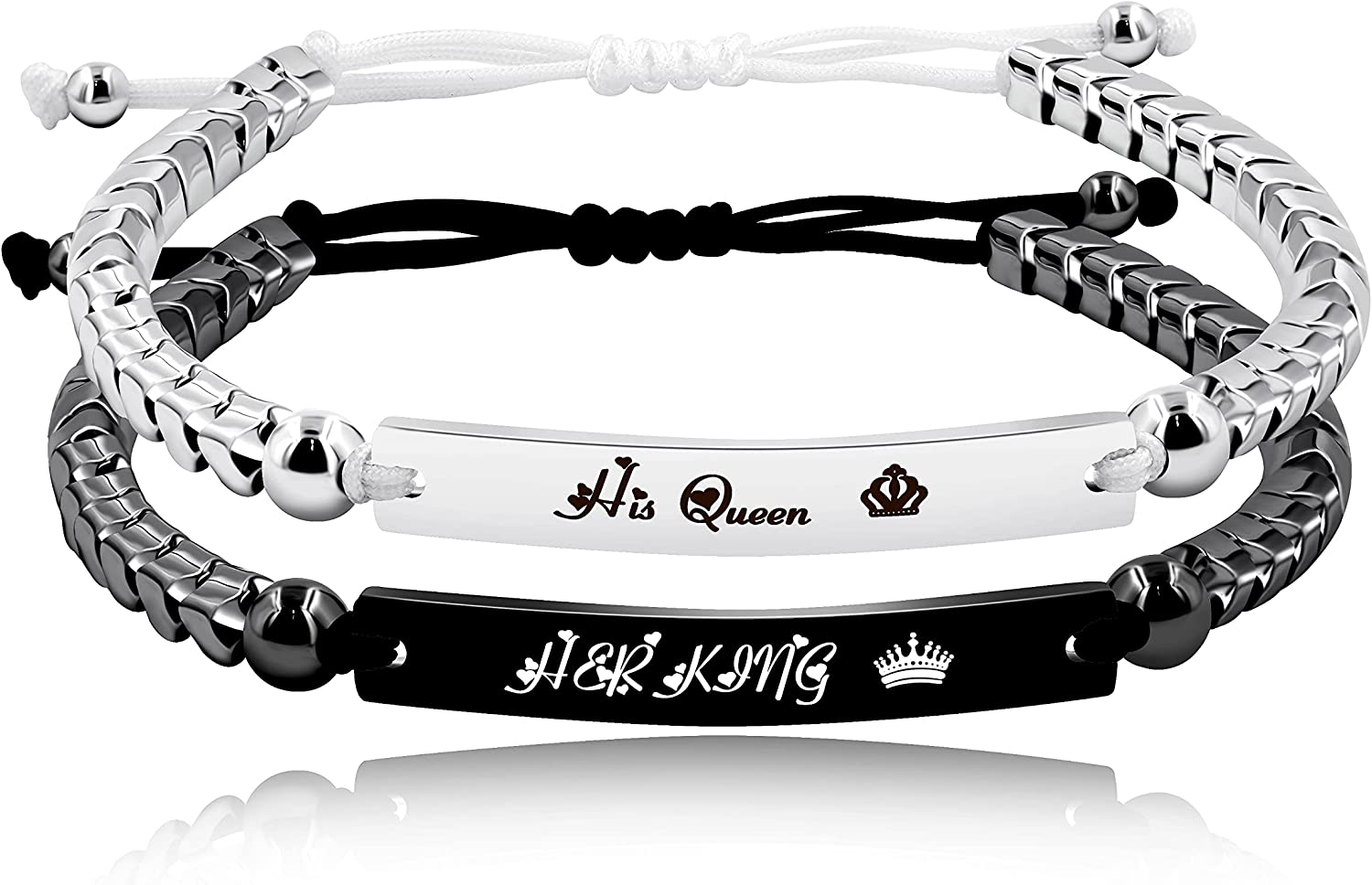 Handmade Gear Shape Hematite Beads Custom Engraved Name Bracelets for Men Women Couples Y1458 (BlackHerKing-WhiteHisQueen), 2 BlackHerKing-WhiteHisQueen
