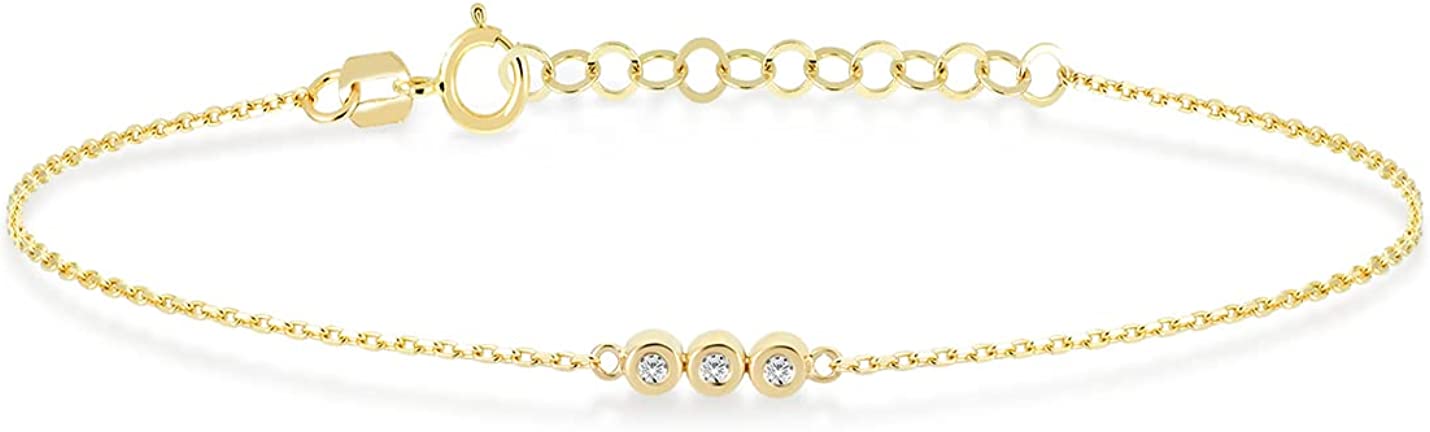 Diamond Three Stone Bracelet | 14k Yellow Gold Bezel Set Three Diamond Bracelet for Women | 14k Solid Gold Dainty Bracelets | Women's 14k Gold Jewelry | Gift for Birthday, Adjustable 6" to 7"