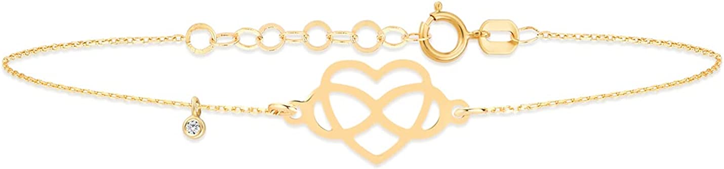 Diamond Infinity Heart Bracelet | 14k Yellow Gold Infinity Symbol Bracelets for Women | 14k Solid Gold Dainty Heart Bracelets | Women's 14k Gold Jewelry | Gift for Anniversary, Adjustable 6" to 7"