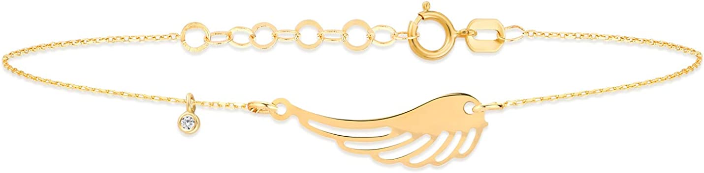 Diamond Angel Wing Bracelet | 14k Yellow Gold Wing Charm Bracelets for Women | 14k Solid Gold Dainty Bracelets | Women's 14k Gold Jewelry | Gift for Mom, Adjustable 6" to 7"
