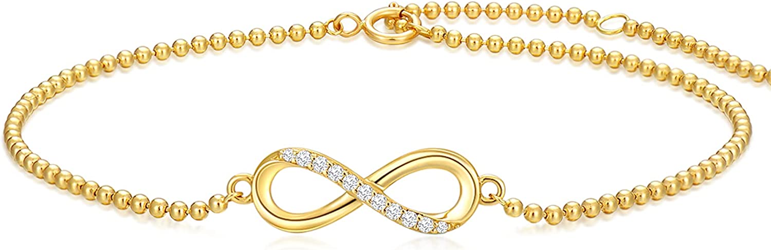 Real 14k Gold Diamond Infinity Bead Chain Bracelet for Women, Anniversary Jewelry for Wife, Love Gifts for Her (0.11ct), 6.8-8.4 Inch