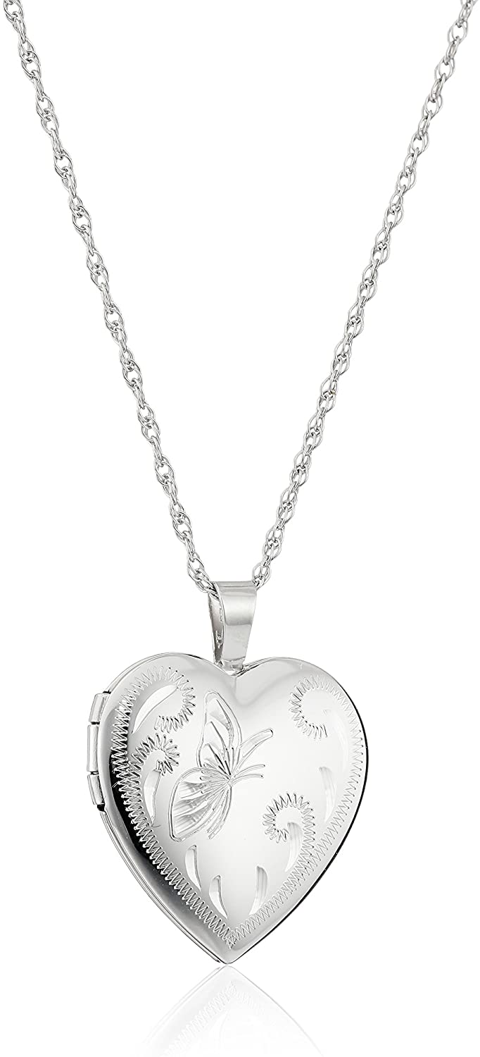 Amazon Collection Sterling Silver Heart with Hand Engraved Butterfly Locket Necklace, 18"
