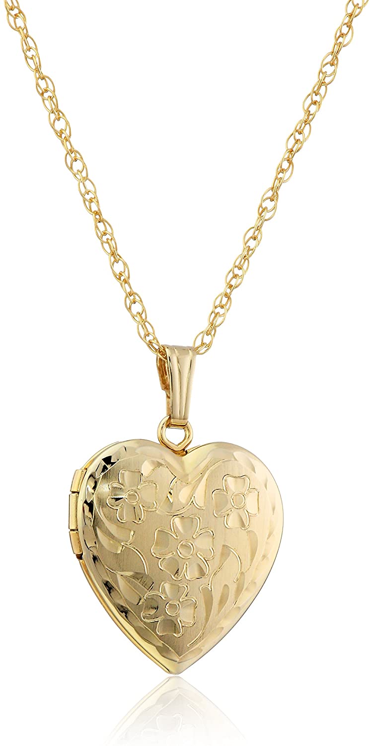 Amazon Collection 14k "Engraved Flowers" Heart Locket Necklace, 18"
