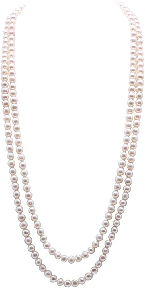 JYX Pearl Double Strand Necklace Classic 8-9mm White Freshwater Pearl Long Strand Necklace Opera Length 32"