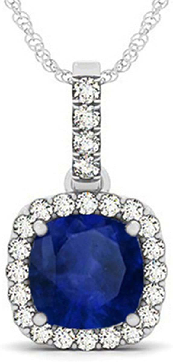 Blue Sapphire and Diamond Halo Cushion Pendant Necklace 14k White Gold (4.05ct)