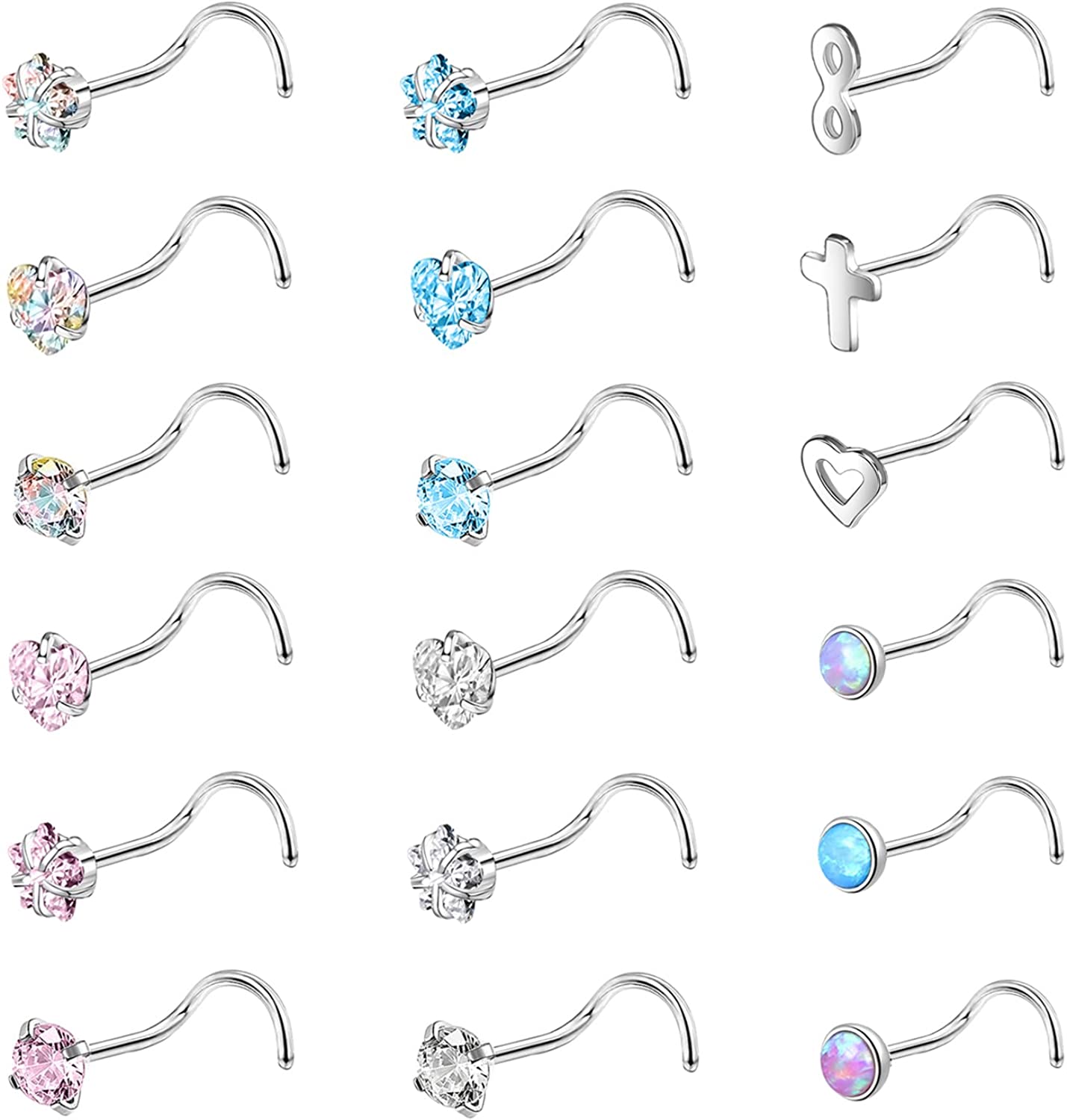 10Pcs CZ Gem Crystal Nose Piercing Stud Ring Surgical S.Steel Jewelry L  Shape Nostril Piercings Set 1.5 2.0 2.5 3.0mm 20g 0.8mm - AliExpress