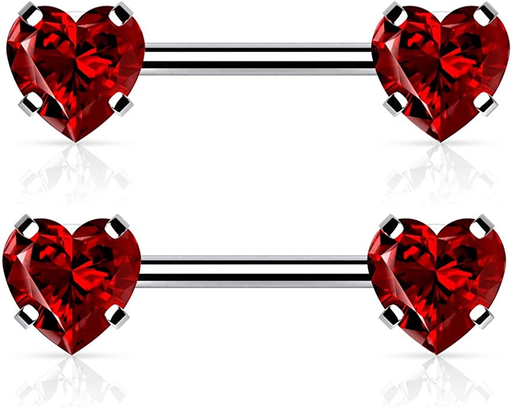 14G Stainless Steel Threadless Push-in Prong Set Crystal Heart Nipple Rings, Sold as a Pair