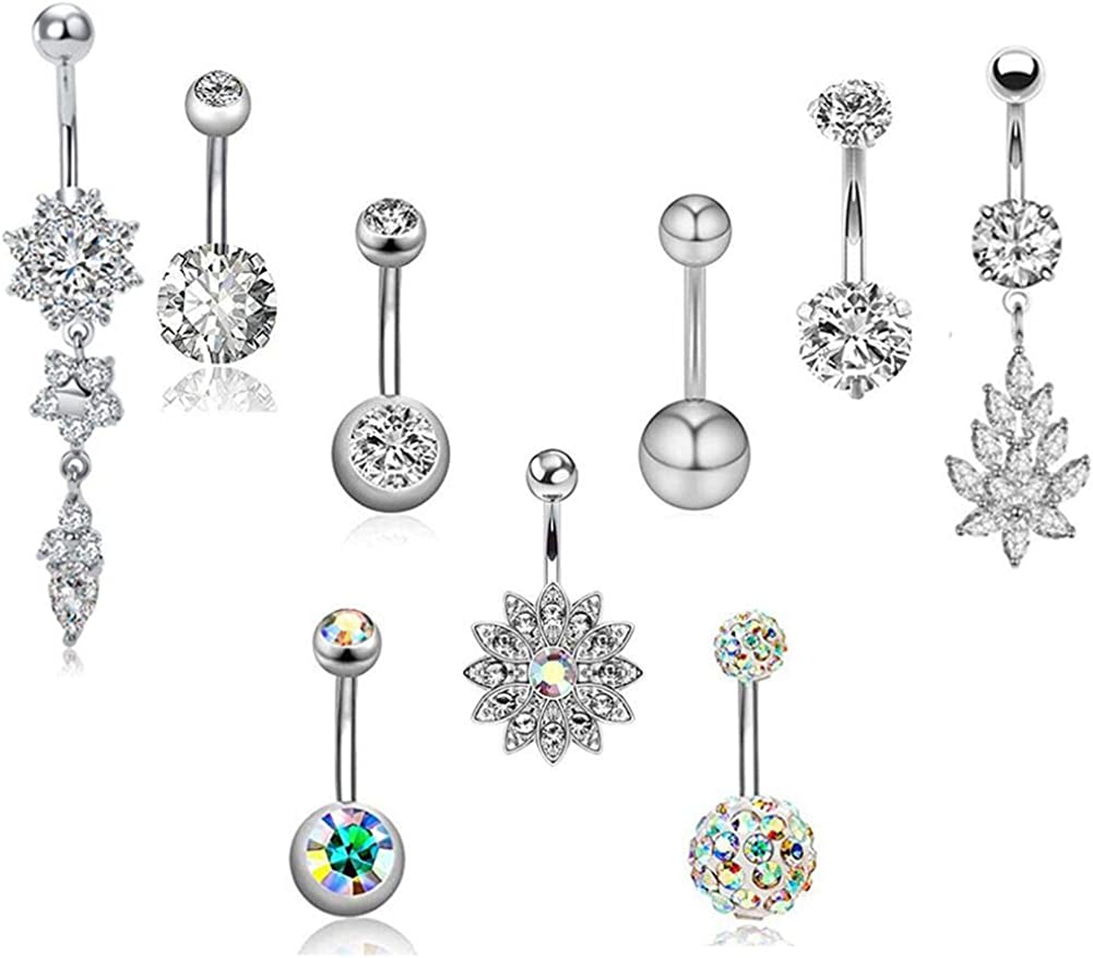 SENNI 9 Pcs 14G Stainless Steel Dangle Belly Button Rings Screw Navel Barbell Piercing Jewelry For Women
