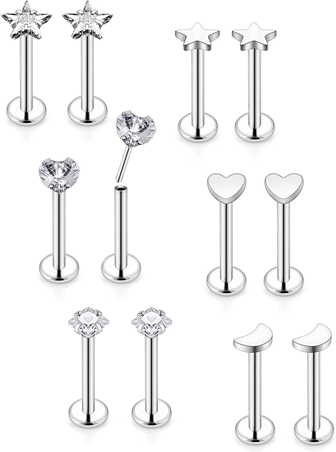 Vsnnsns 20G 18G 16G Push in Lip Rings Stainless Surgical Steel Labret Jewelry Monroe Lip Rings Nail Cartilage Tragus Helix Earrings Studs Nose Ring Medusa Piercing Jewelry for Women Men 6 Pairs