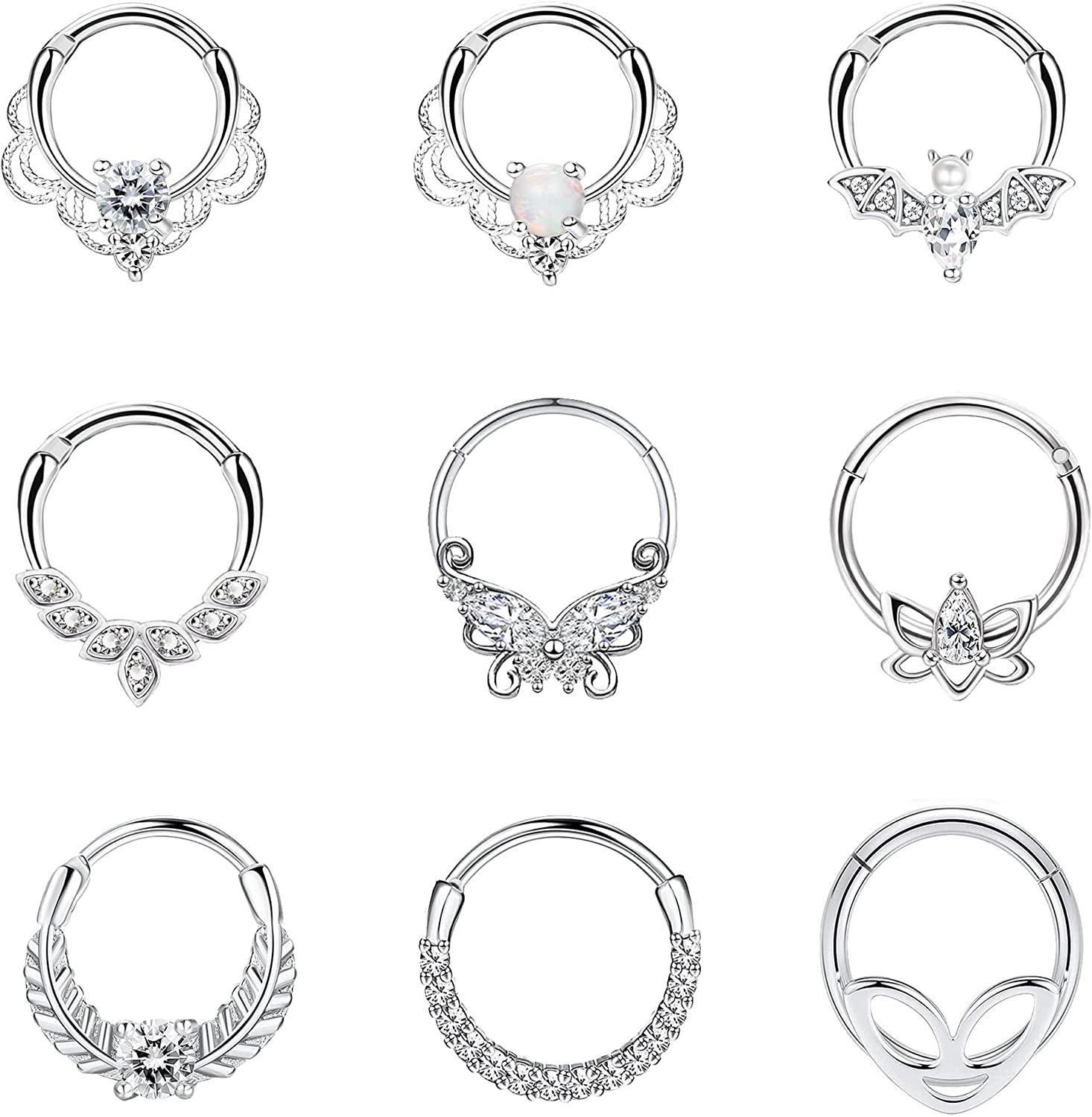 Staligue 9Pcs 16G Septum Clicker Rings Stainless Steel Hoop Hinged Segment CZ Opal Nose Rings for Women Cartilage Tragus Hoop Helix Daith Earrings Nose Piercing Jewelry 8MM