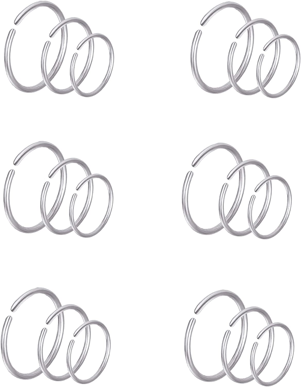 Ofeiyaa 24Pcs 18G 20G 22G Stainless Steel Nose Ring Hoop Cartilage Earrings Septum Ear Traguse Lip Ring Body Piercing Jewelry 6-12mm Slive Stone