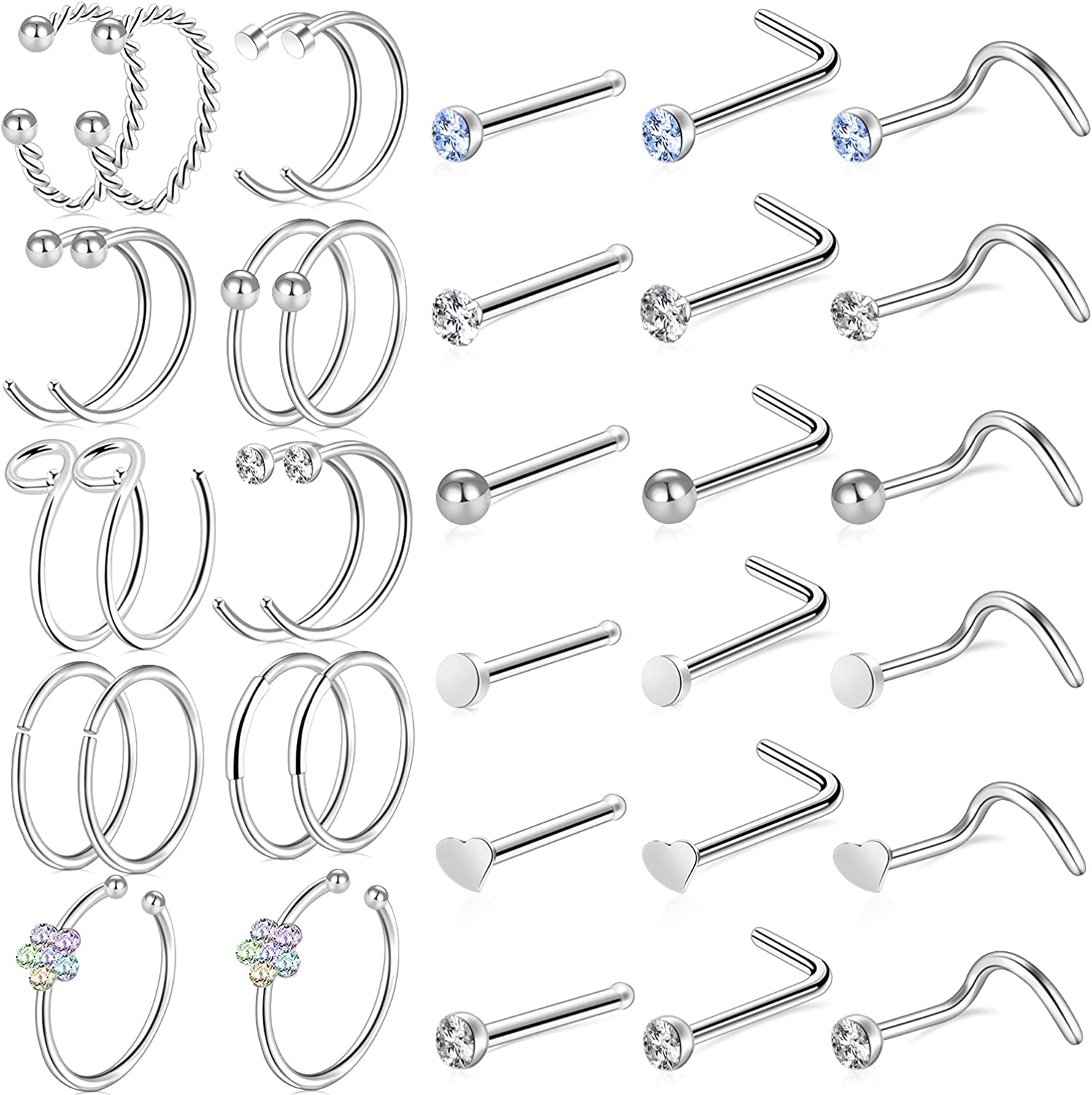 ONESING 9-60 Pcs Nose Rings for Women Nose Piercings Jewelry Nose Studs 20G Nose Rings Hoop Gold Screw Stainless Steel for Women Men