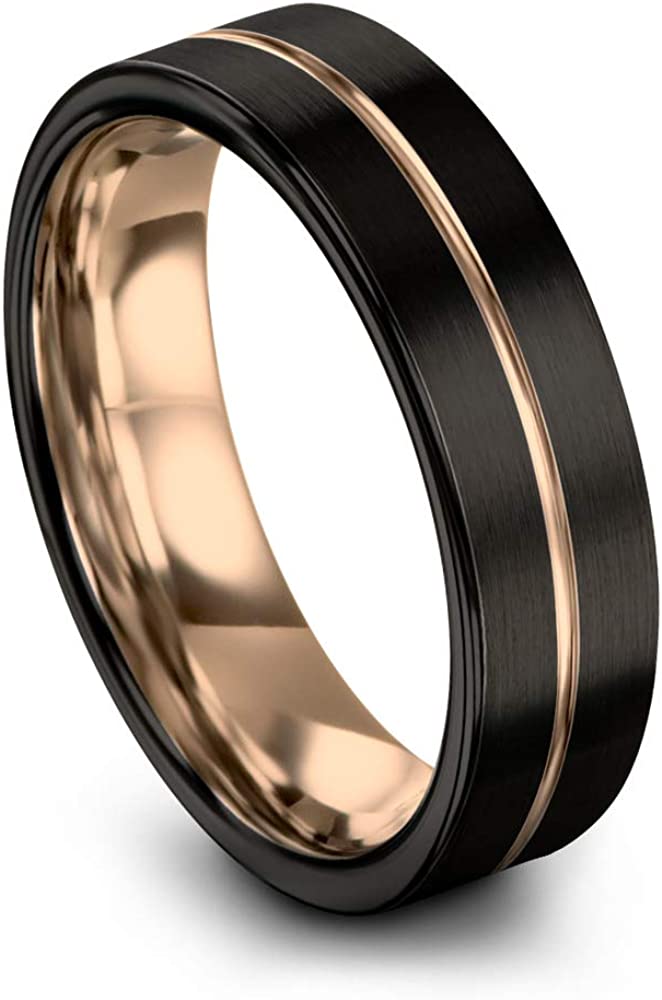 Midnight Rose Collection Tungsten Wedding Band Ring 6mm for Men Women 18k Rose Gold Plated Flat Cut Center Line Black Brushed Polished