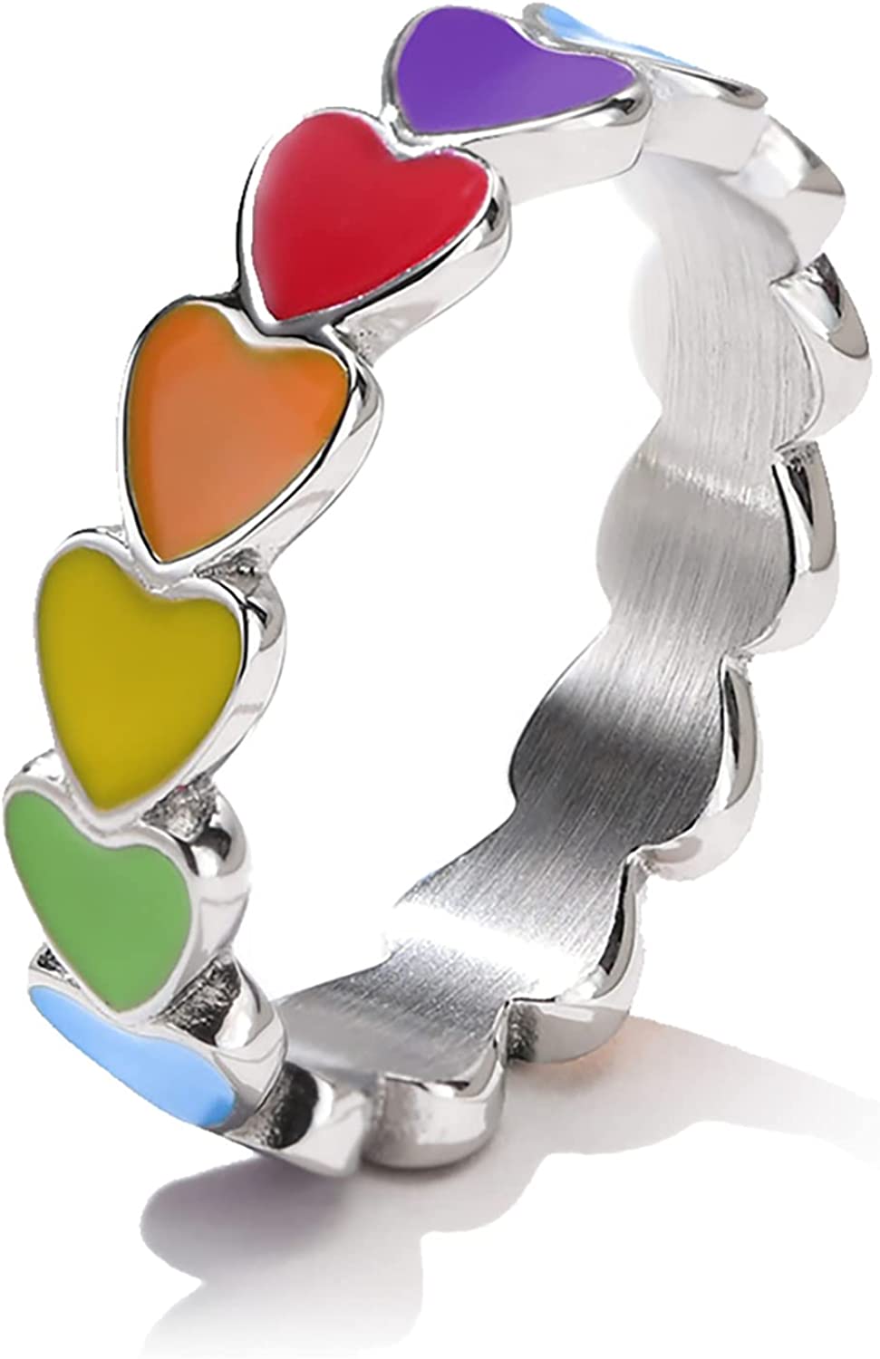 MPRAINBOW Enamel Rainbow LGBT Pride Ring 5mm Star Heart to Heart Rainbow Lesbian & Gay Rings, Stainless Steel Love Heart LGBTQ Pride Rings Jewelry