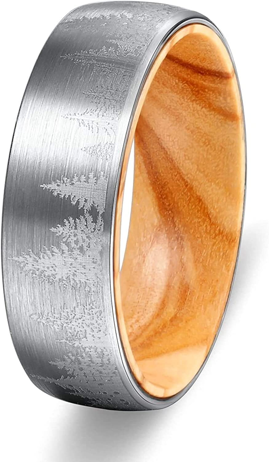 POYA 8mm Tungsten Ring Lasered Forest Landscap Men's Brushed Wedding Band with Oliver Wood Sleeve