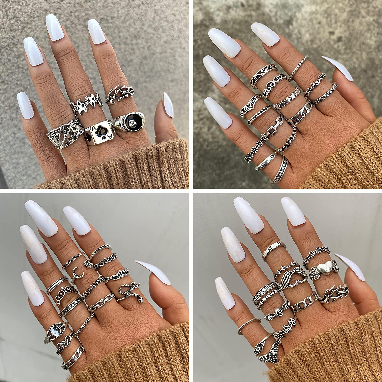 Silver Vintage Goth Punk Rings Set for Men Girls Women, Cool Gothic Ring Pack, Trendy Stackable Boho Chunky Knuckle Emo Full Finger Rings, Adjustable Open Snake Butterfly Ace Eboy Y2k Ring (1-70)