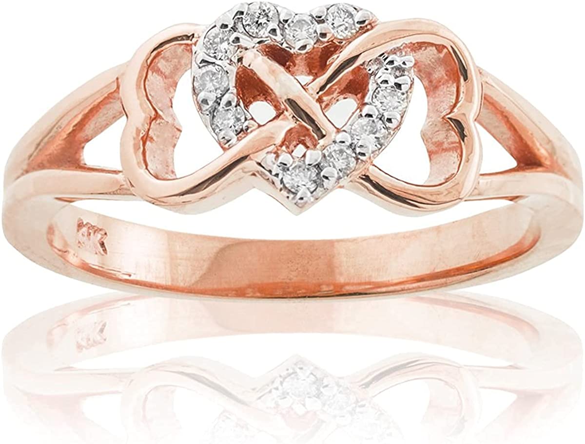 10K Rose Gold 1/15 Cttw Diamond Accented Triple Heart Infinity Celtic Knot Band Engagement Ring (J-K Color, I1-I2 Clarity) - Size 11