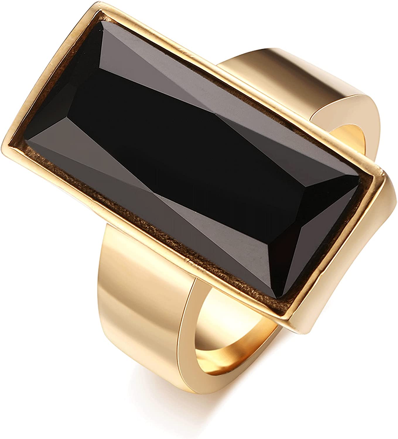 VNOX Stainless Steel Gold Plated Rectangular Black Glass Crystal Ring for Women