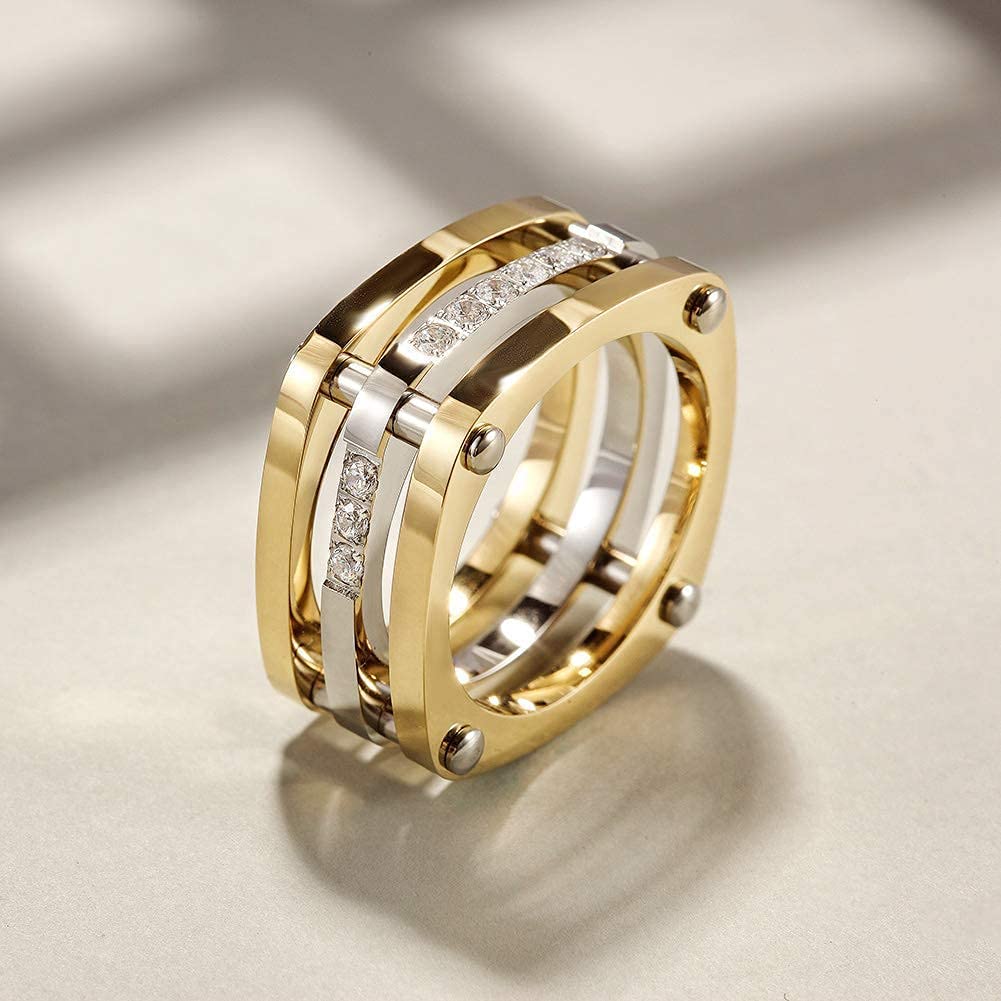 14K Gold Plated Ring Simulated Diamond CZ Cocktail Rings for Women Gold Statement RingsWide Bands Parallel Bar Ring