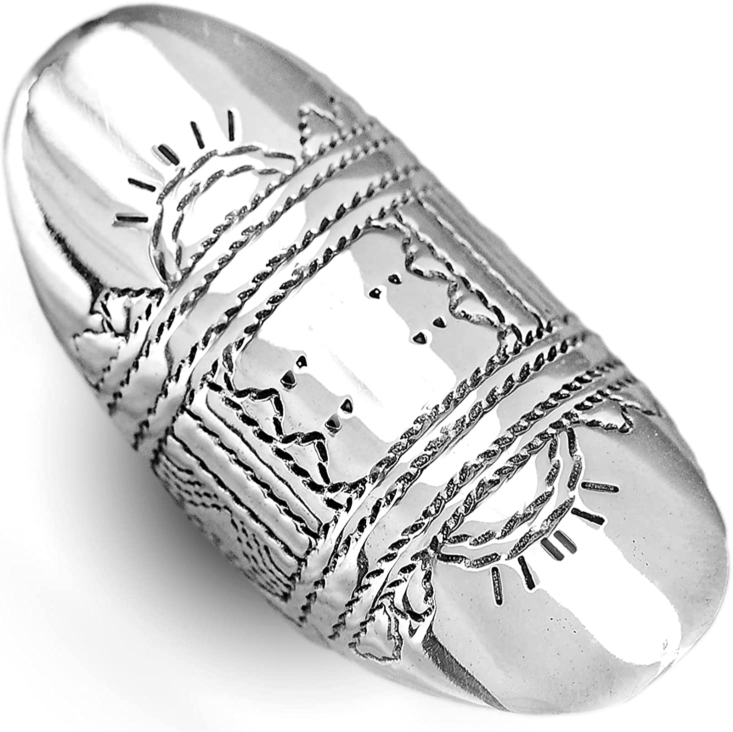 Sterling Silver Statement Ring for Women Full Finger Long Engraved Boho-Magic Jewelry