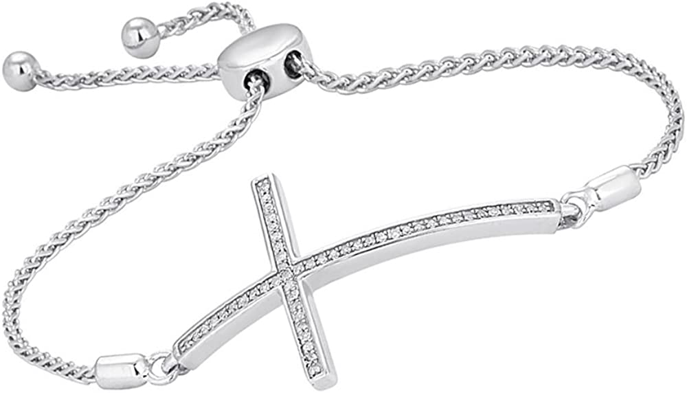 Natural Diamond Cross Bolo Bracelet In 925 Sterling Silver (1/8 Ct, I2-J)