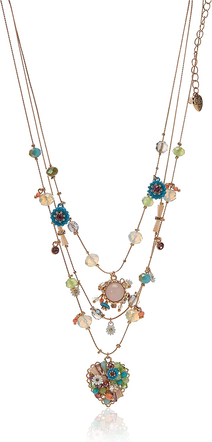 Betsey Johnson Woven Mixed Multi-Colored Bead Flower Heart Illusion Necklace