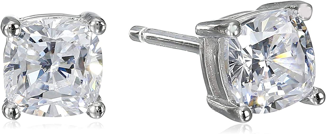 Amazon Collection Platinum Plated Sterling Silver Cushion Cut Cubic Zirconia Stud Earrings