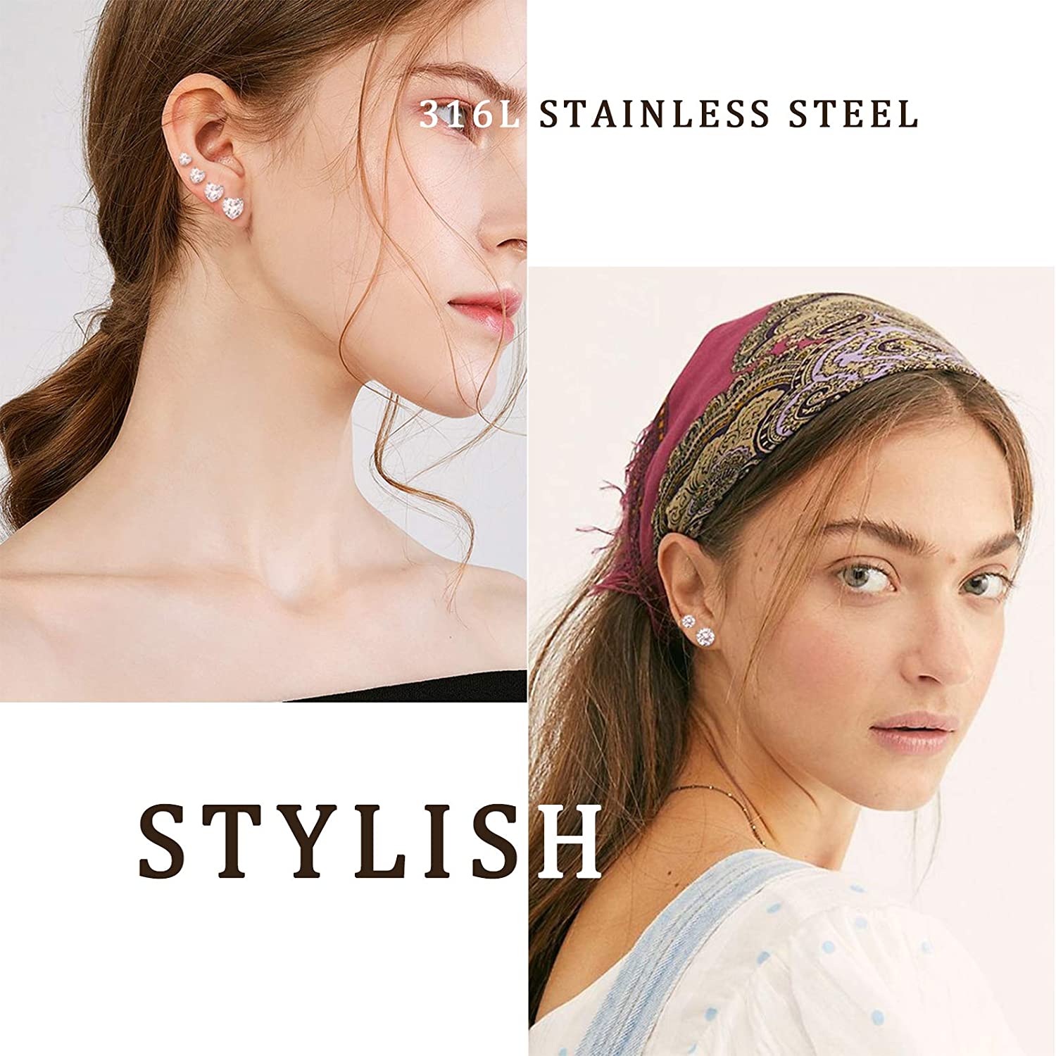 Stainless Steel Stud Earrings for Women Girls, 25-50 Pairs Mens Surgical Steel Earring Set, Hypoallergenic Cubic Zirconia Earring Pack for Sensitive Ears