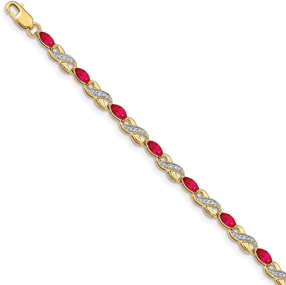 Solid 14k Yellow Gold Diamond and Ruby Bracelet - with Secure Lobster Lock Clasp 7" (Width = 3mm) (.154 cttw.)