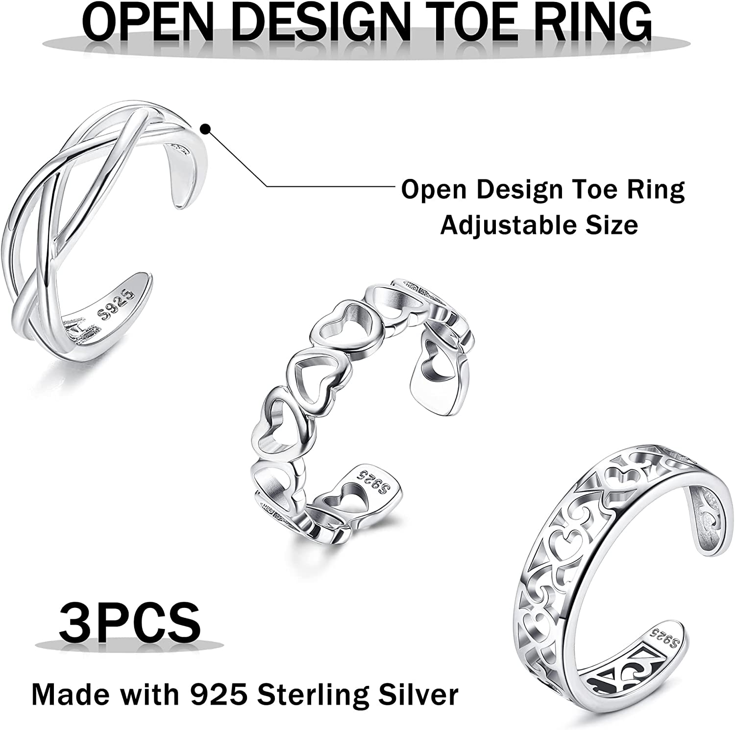 JeryWe 3Pcs 925 Sterling Silver Toe Rings for Women Hypoallergenic Adjustable Open Celtic Knot Flower Band Toe Ring Set Cute Toe Rings Foot Jewelry