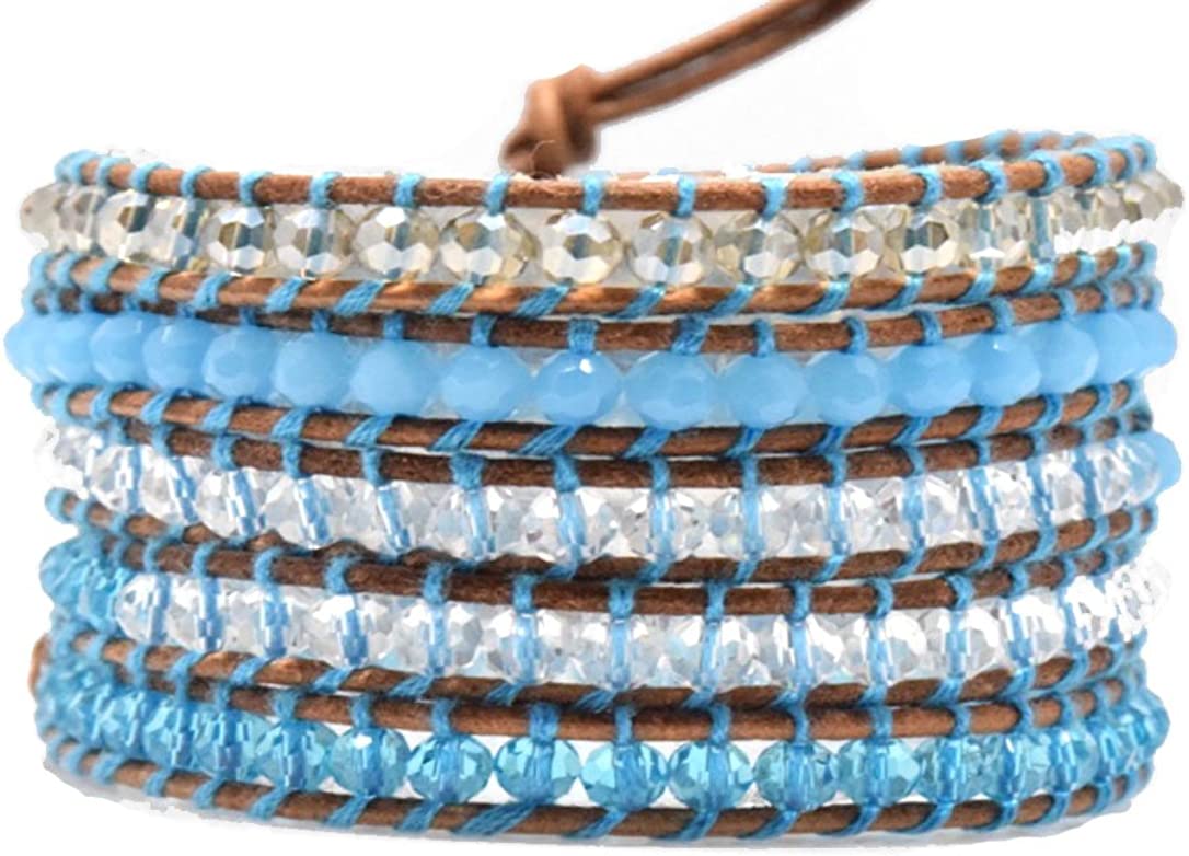 Blue and Clear Mix Wrap Bracelet Brown Leather Handmade 5 Multilayer 4mm Beads Woven Bangle