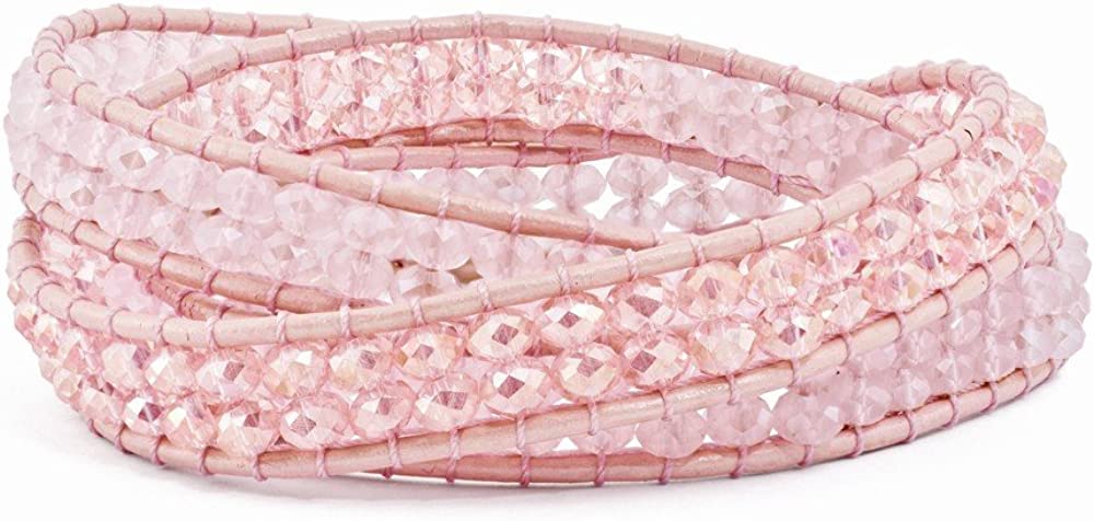 Sonia Jewels Pink Leather Rose Quartz Beaded Multi Wrap Brass Button Bracelet 20"