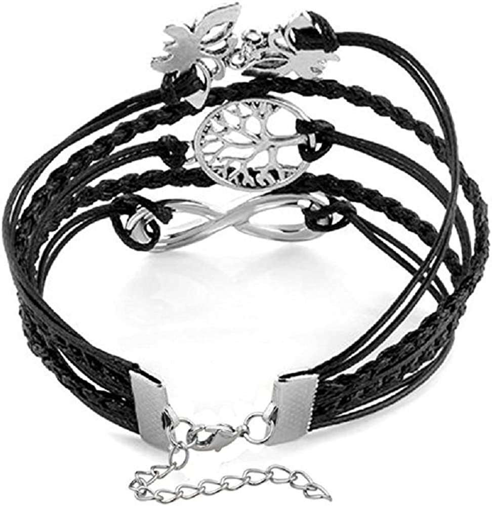 ReisJewelry Sideways Infinity Butterfly Family Tree of Life Charms Wrap Leather Bracelet for Women
