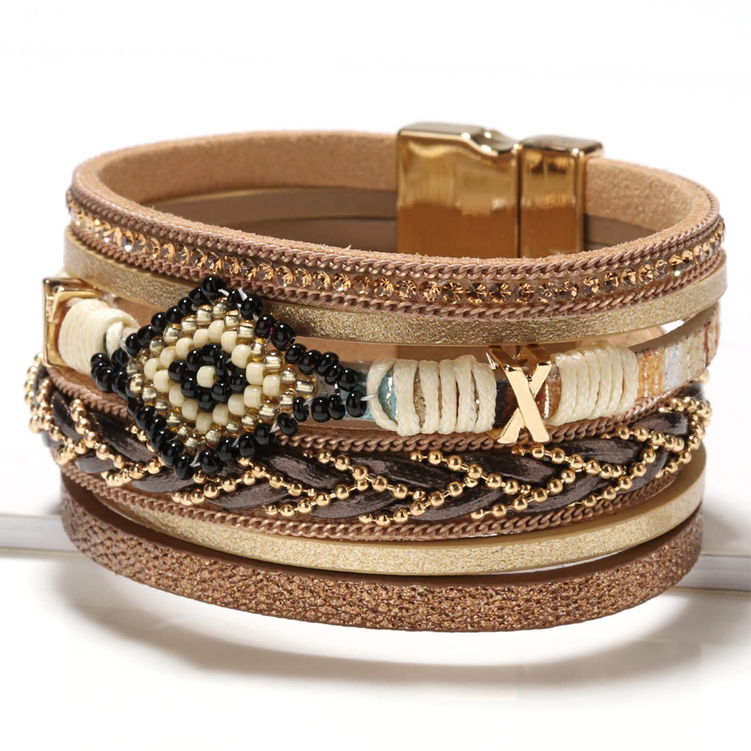 Boho Leather Wrap Bracelet,Wide Braided Buckle Bracelets,Wristband Bangles For Women