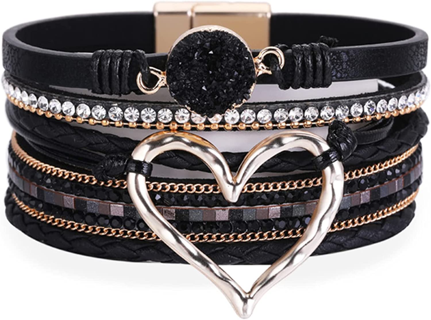 Dcfywl731 Multilayer Wrap Leather Bracelet Heart Modern Boho Bracelet with Magnetic Clasp Cuff Rhinestone Leather Bracelets for Women