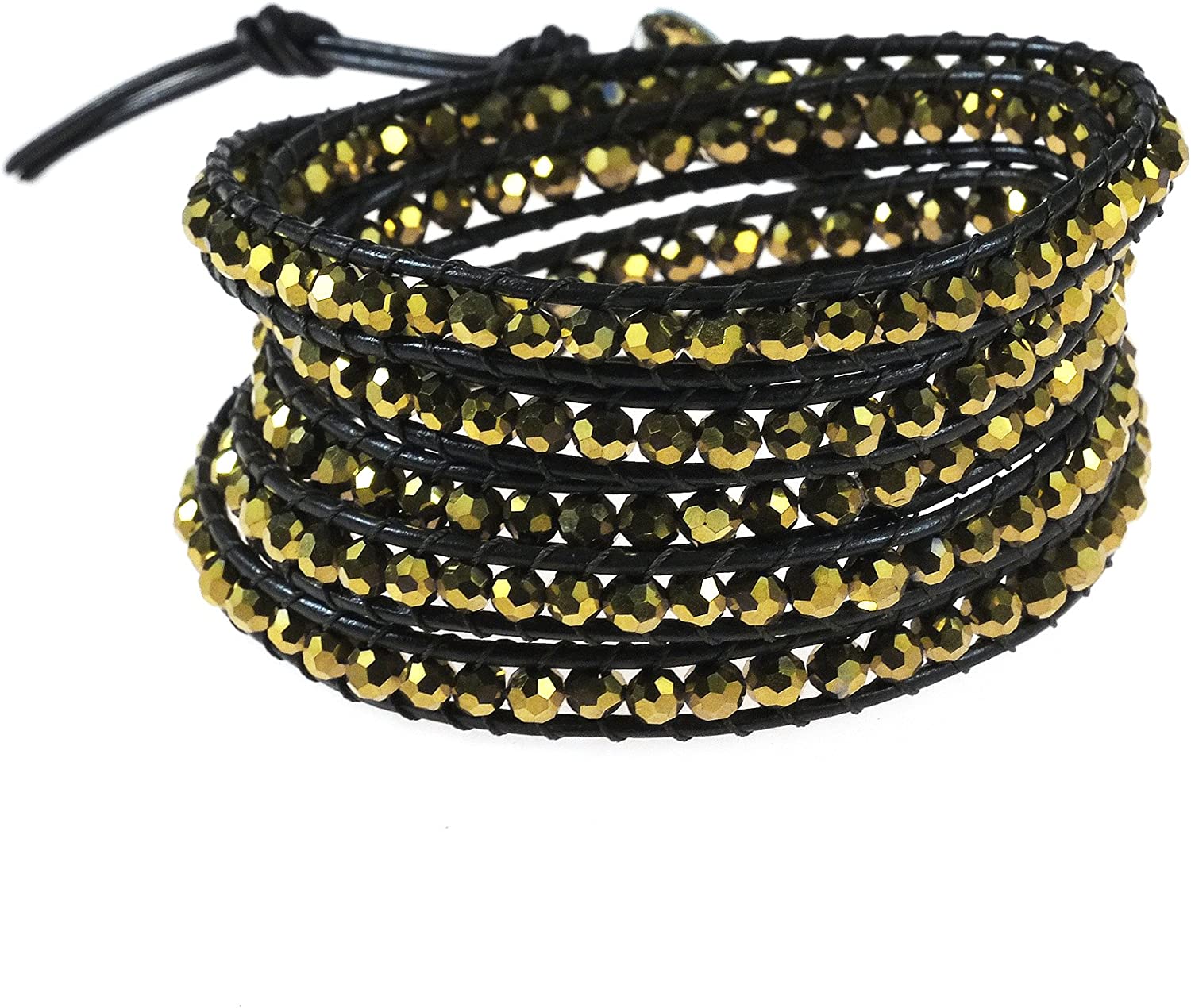 AeraVida Mystique Gold Fashion Crystal 5 Wrap Brown Leather Wrap Bracelet