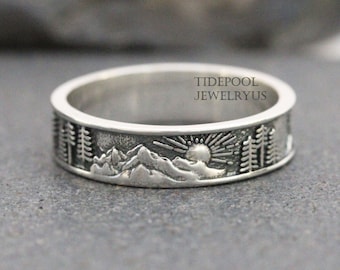 Sterling Silver Mountain and tree ring, nature ring, sun ring