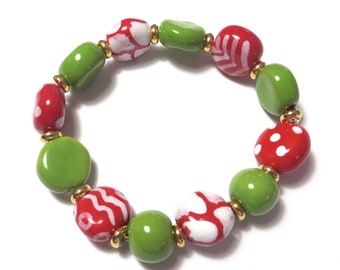 Kazuri Bead Bangle, Red, Green and White Bracelet, Fair Trade Ceramic Beads