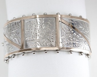 Victorian Silver Hinged Bangle with Applied Gold, Foliate Motifs  -  Birmingham: 1883