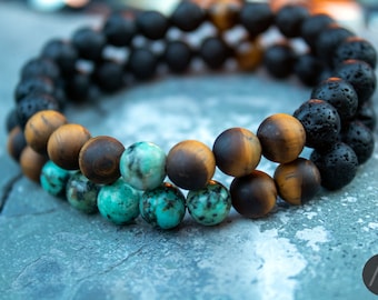 Bracelets For Men - Matte Tiger Eye, Lava Bead, African Turquoise - Meaning Bracelets,  Boho Style