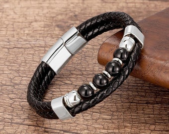 Natural black pearl bracelet, men's and women's bracelet, stainless steel, black leather, magnetic clasp, stone beads