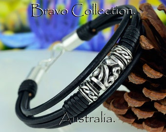 B-135 Aussie Made Sterling Silver & Leather New Sport Wristband Men Bracelet.