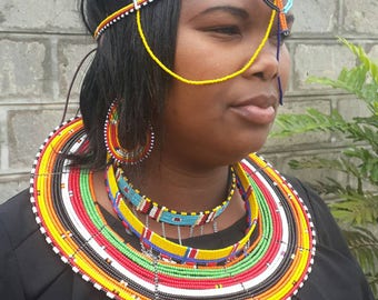 Maasai jewelry, African jewelry, beaded collar necklace, maasai jewelry set, African jewelry set, maasai earrings, maasai head jewelry.
