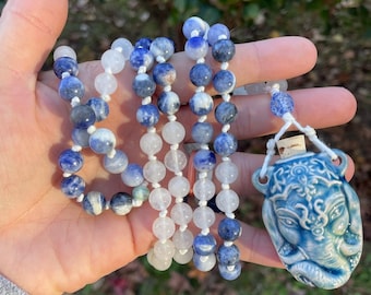 Sodalite and White Jade Mala Meditation Necklace